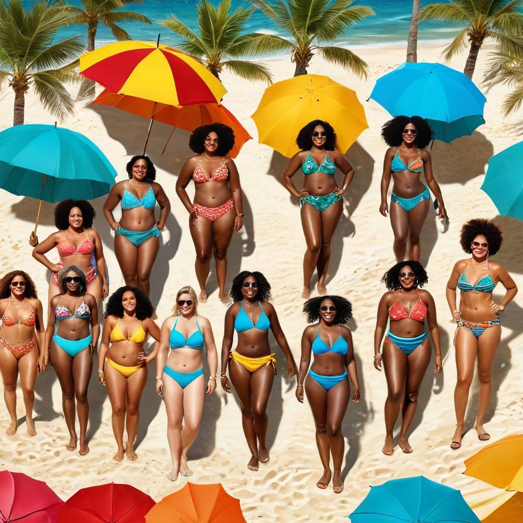 A diverse group of confident individuals of various body types joyfully enjoying a sunny beach day, adorned in colorful and stylish beachwear, surrounded by golden sand and turquoise waves. Include tropical palm trees and beach umbrellas in the background, with a radiant sun shining down, emphasizing a spirit of body positivity and celebration. Bright and cheerful atmosphere. vibrant colors. super-realistic.