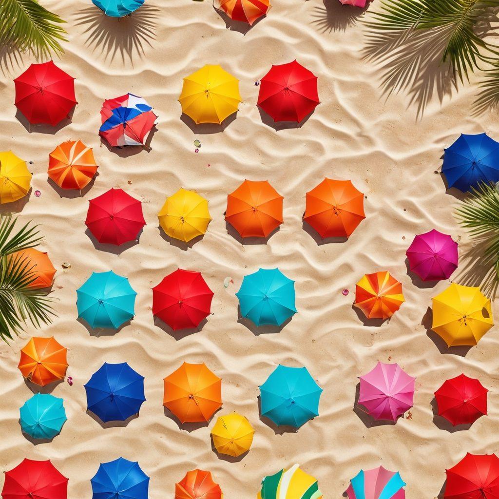 A vibrant summer scene featuring a diverse group of people confidently wearing stylish swimsuits, showcasing a range of body types and sizes. The backdrop includes a sunny beach with colorful umbrellas and palm trees, conveying joy and body positivity. Incorporate playful elements like beach balls and waves, emphasizing fun and inclusivity. Bright colors and a cheerful atmosphere bring the theme to life. super-realistic. vibrant colors. sunny beach background.